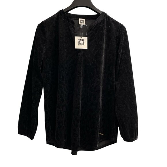 Anne Klein Top Womens L Black Velvet Animal Print V Neck Pullover Blouse Event - Picture 1 of 12